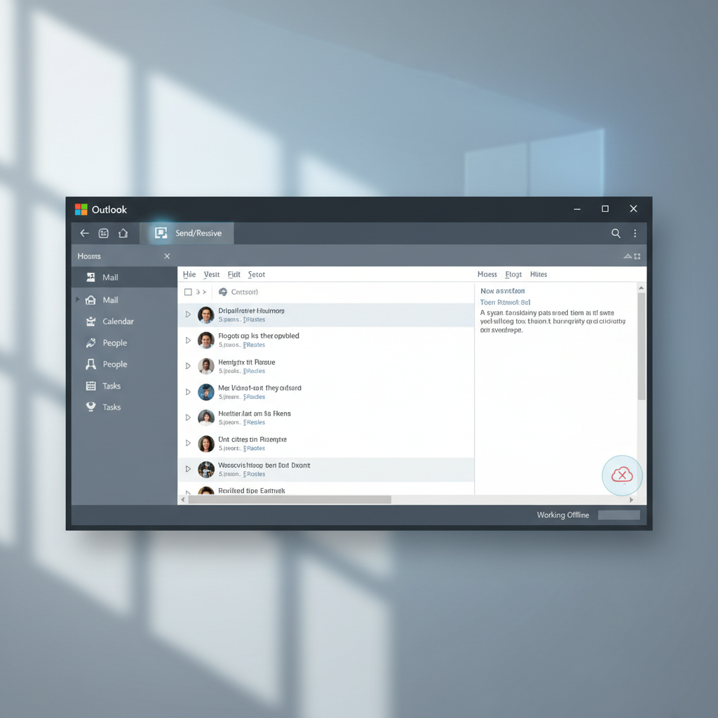 Outlook on Windows showing disconnected status and Send/Receive controls