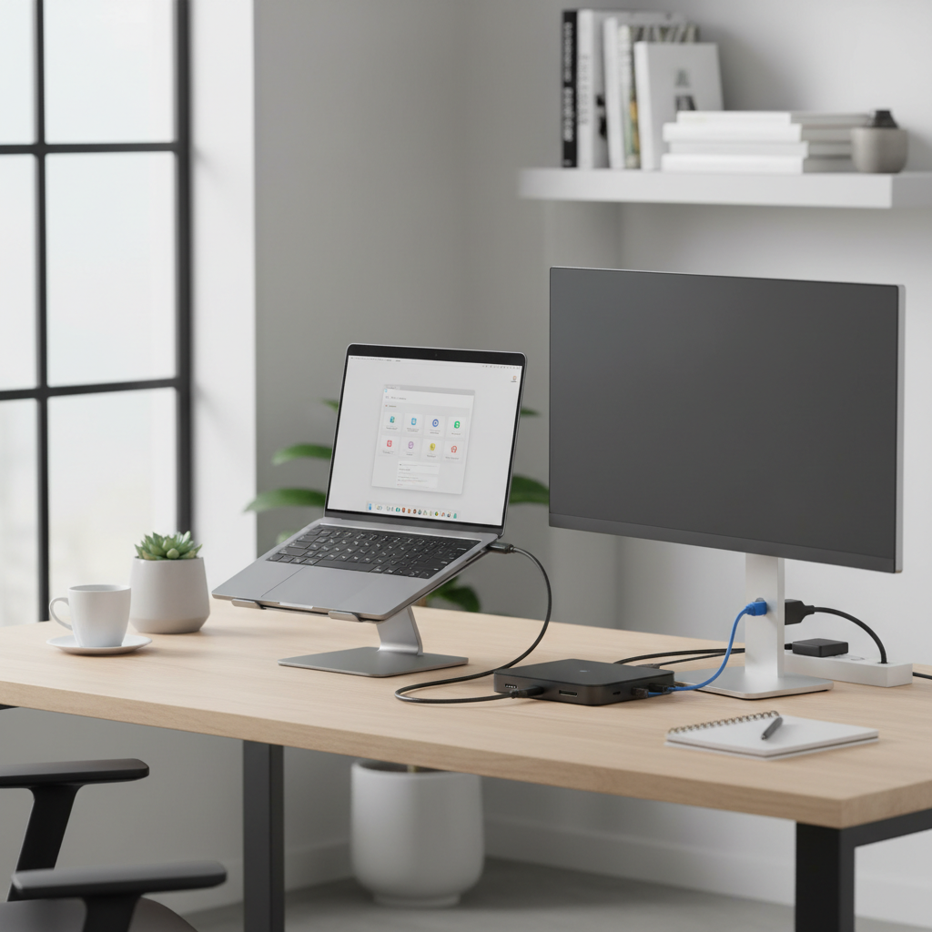 Budget USB-C docking station connected to laptop with multiple ports on a desk