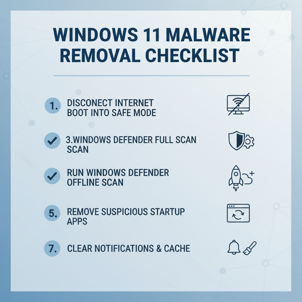 Checklist view of Windows 11 malware removal steps and scan options