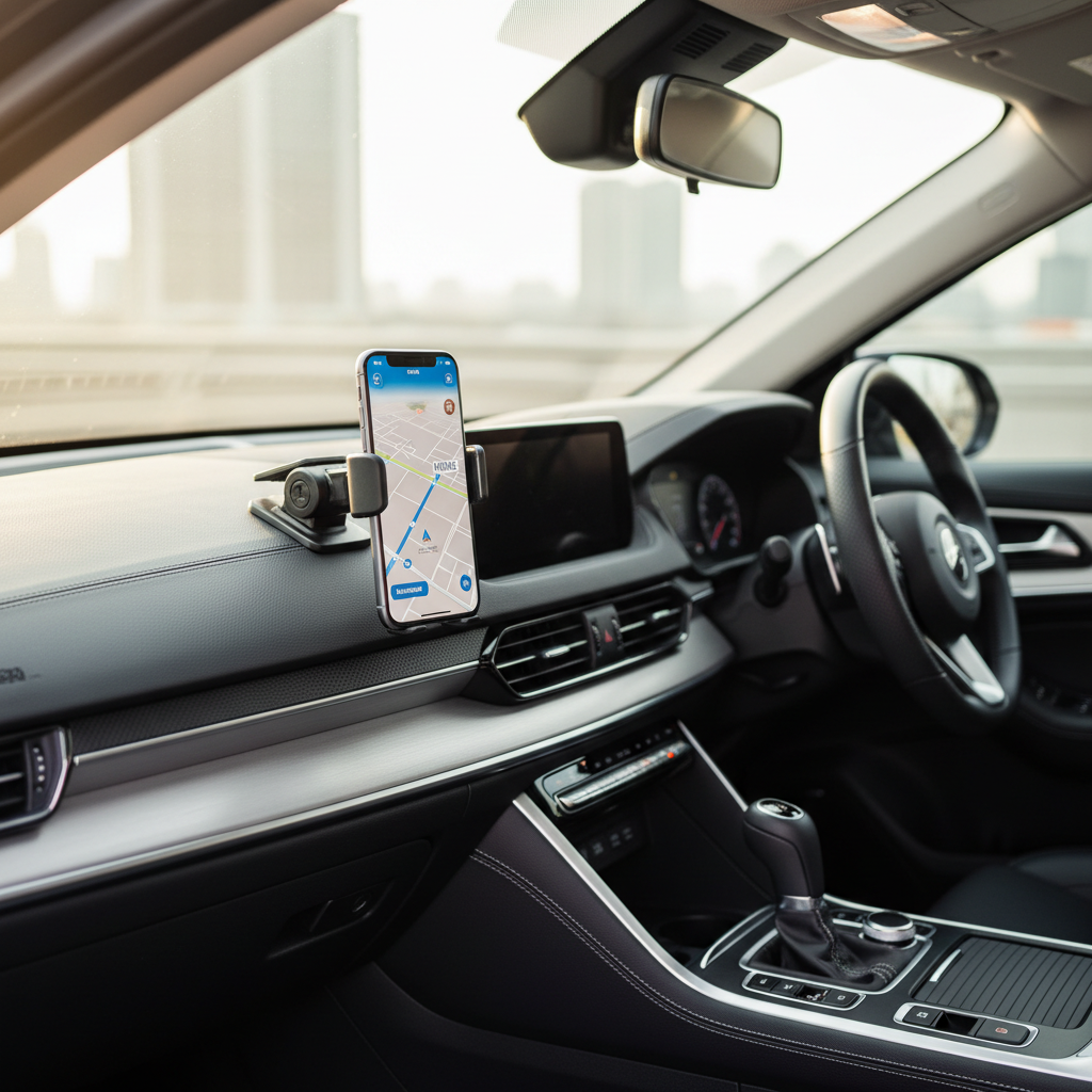 Dashboard-mounted phone holder in a modern car with navigation on screen