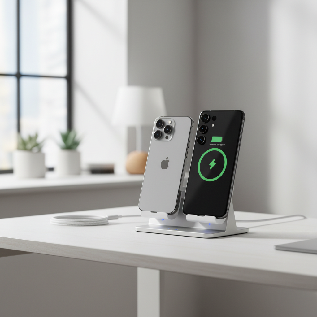Budget wireless charging stand on a desk charging an iPhone and Android phone