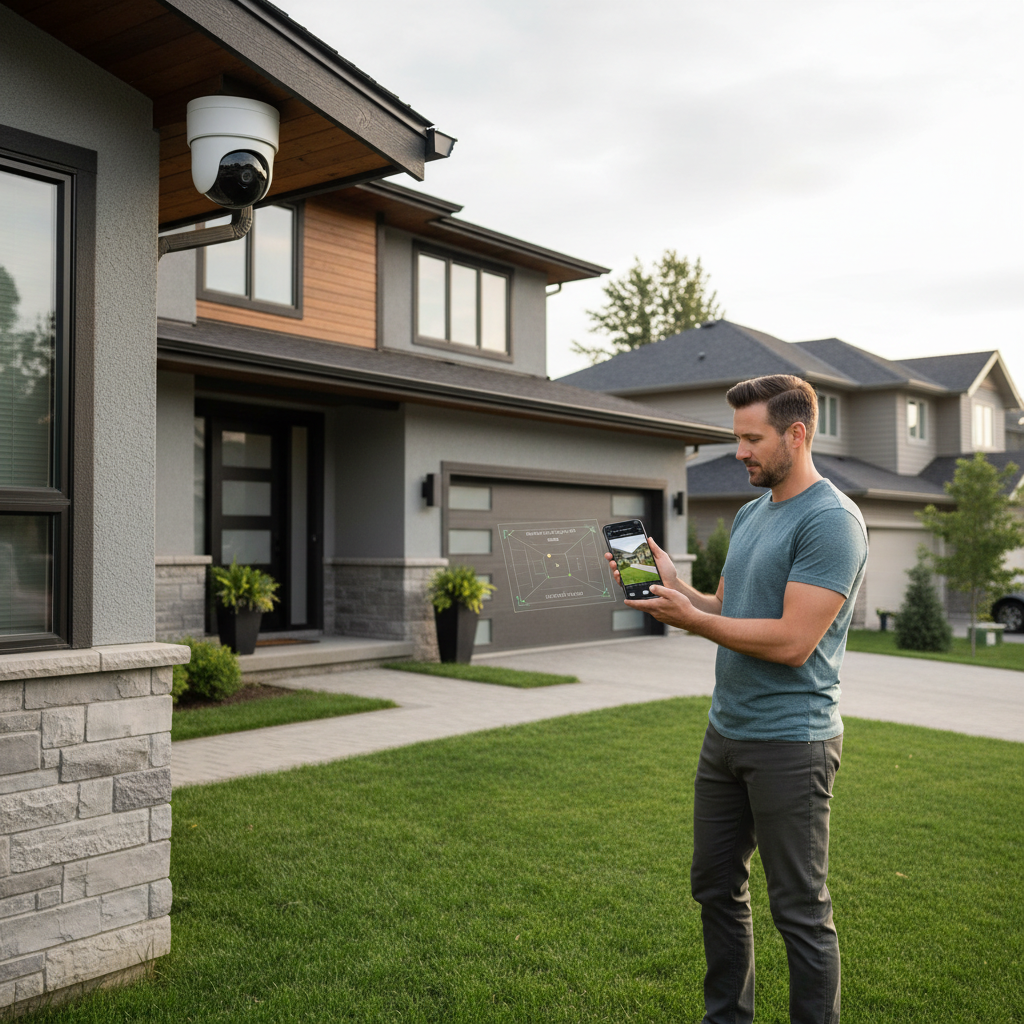 Homeowner checking outdoor camera Wi-Fi signal and placement on a smartphone