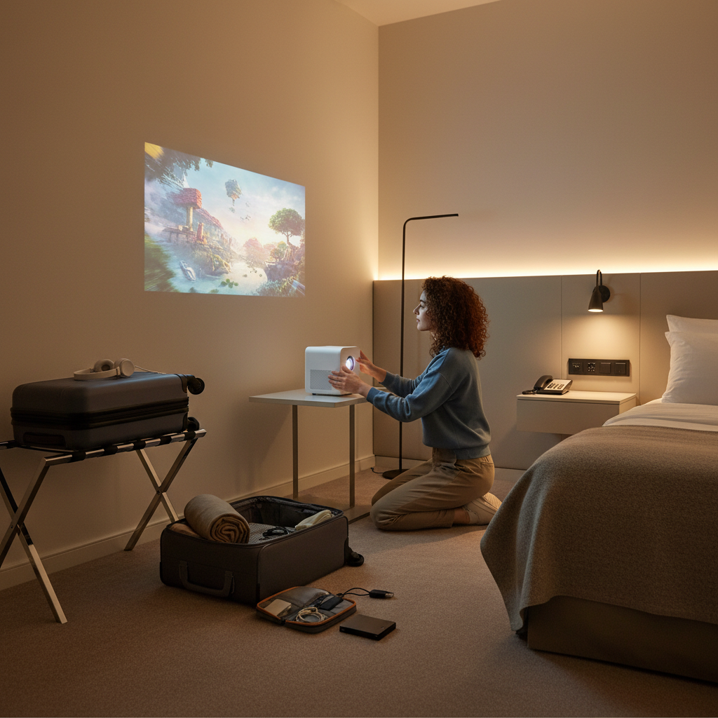 Traveler using a compact budget portable projector in a hotel room