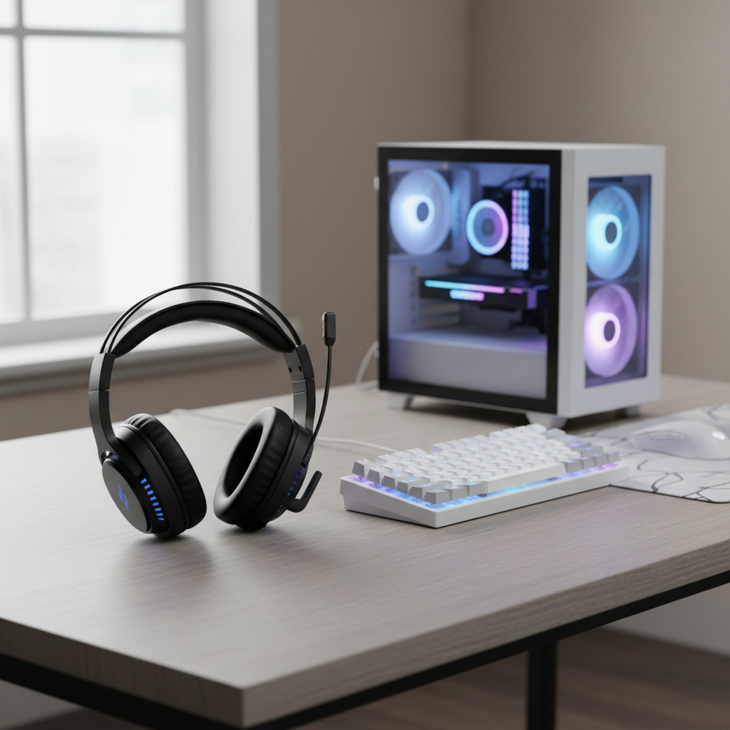 Budget gaming headset on a desk next to a PC setup