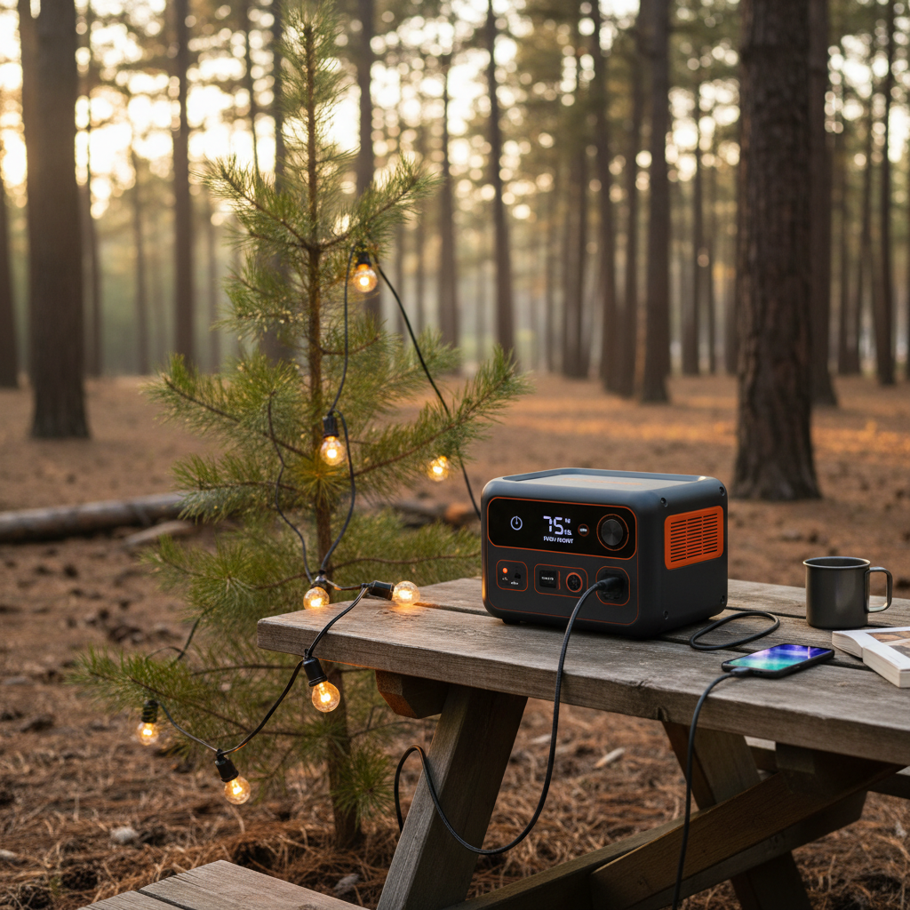 Portable power station powering camping lights and a phone at a campsite table