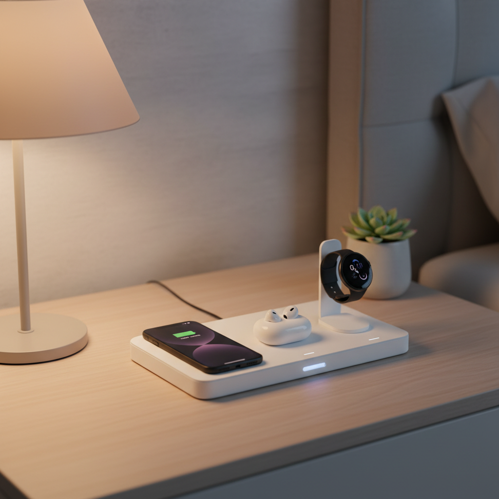 Multi-device wireless charger on a bedside table charging phone earbuds and smartwatch