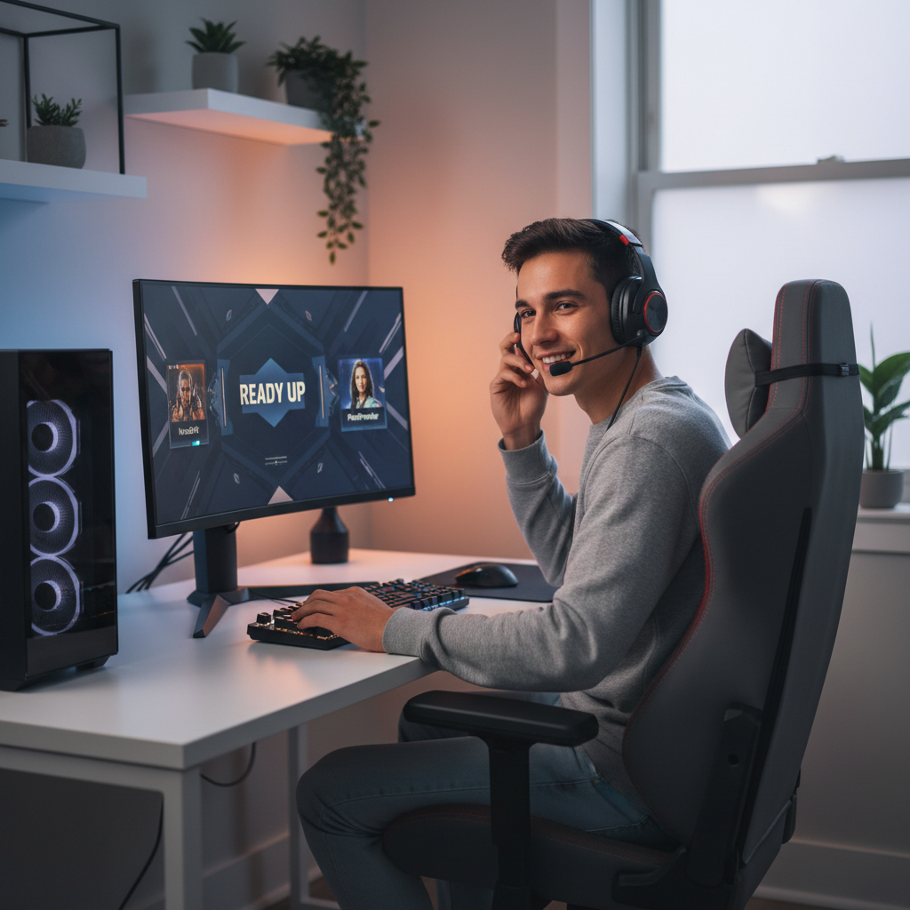 Gamer adjusting a headset microphone while using a PC