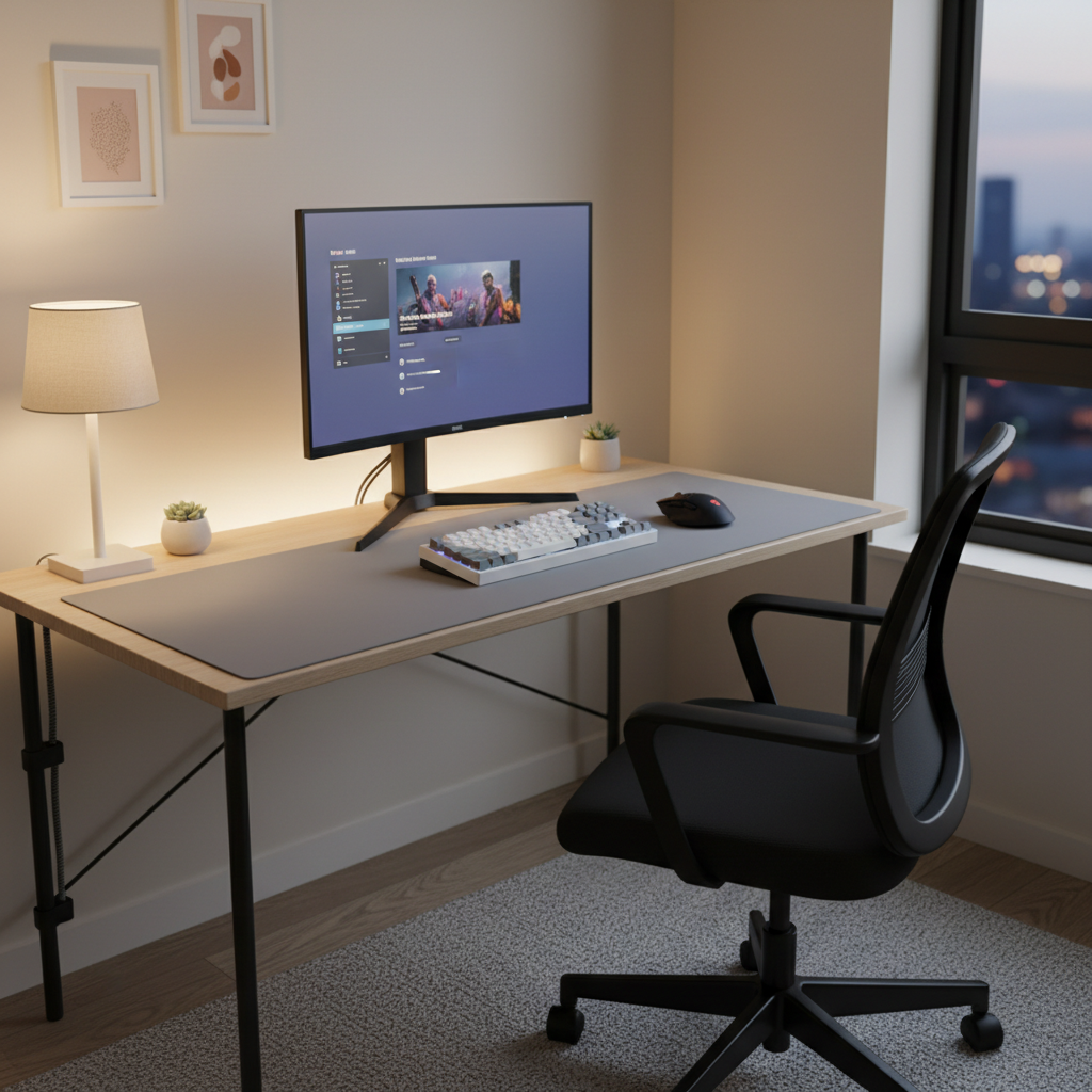 Clean budget gaming desk setup with monitor, keyboard, mousepad, and cable management