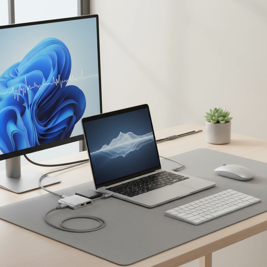 USB-C hub connected to laptop with monitor SSD and peripherals on a desk