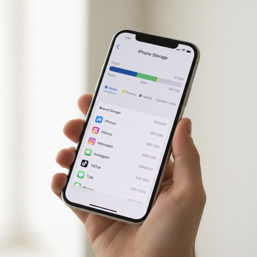 iPhone Storage screen showing apps using space and recommendations