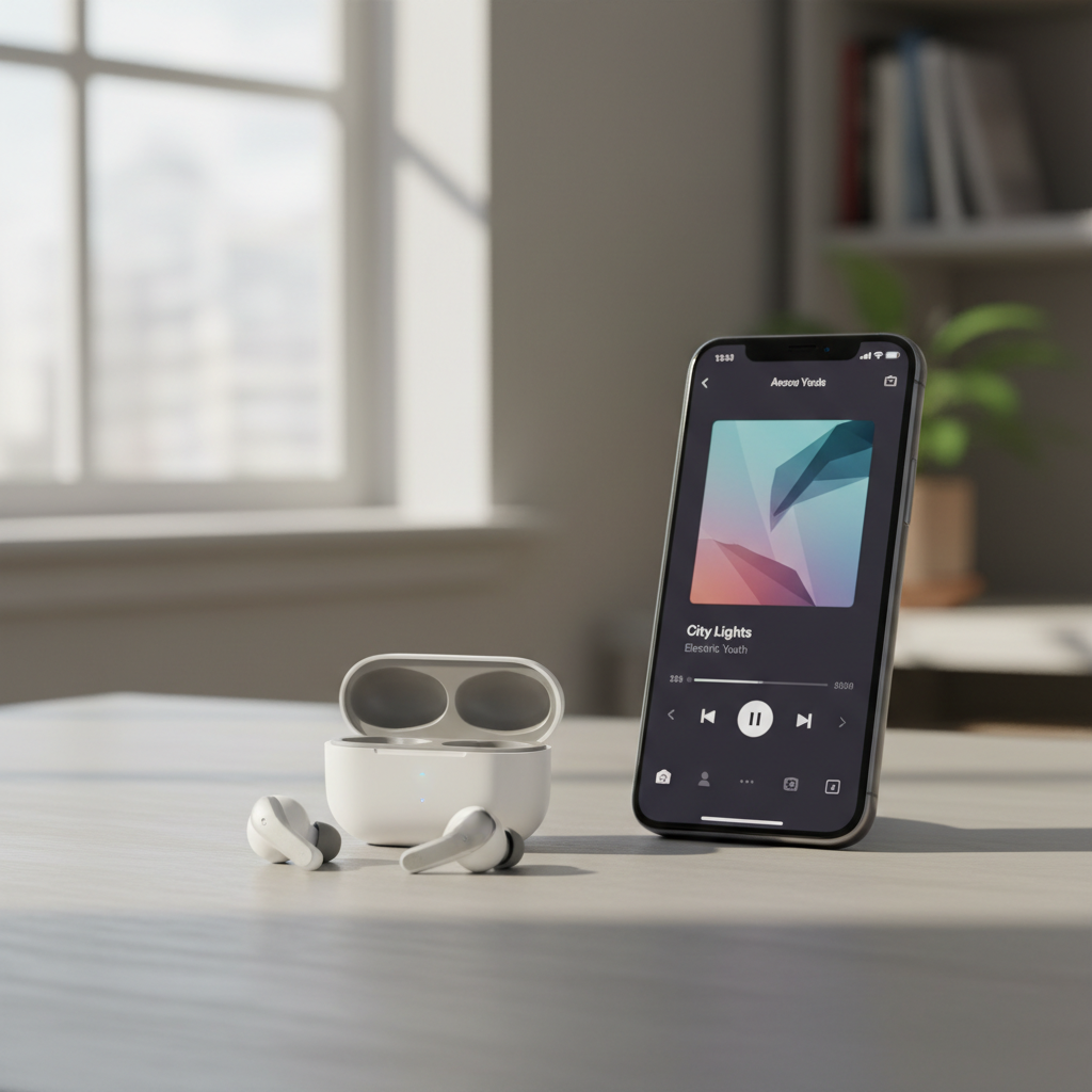 Wireless earbuds under $100 on a desk with phone and charging case