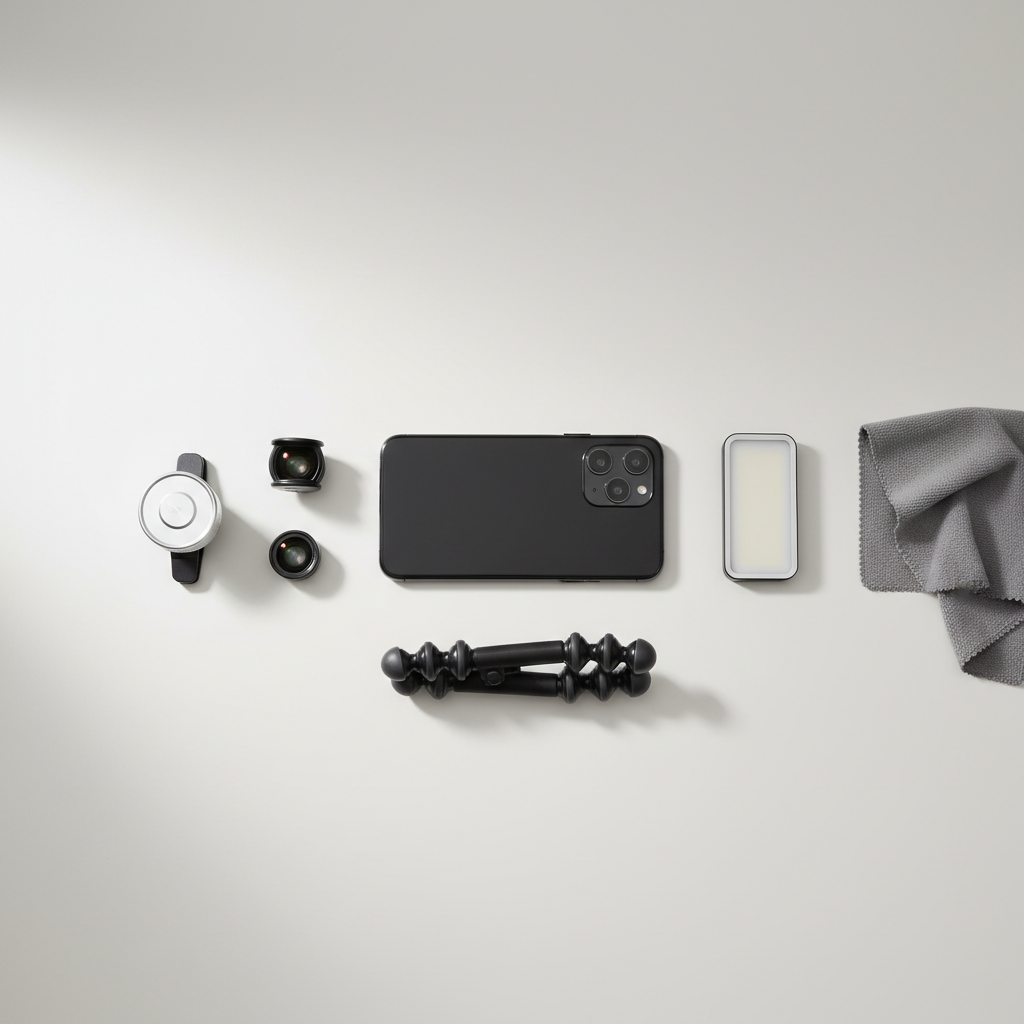 Mobile photography kit with phone lenses, mini tripod, and LED light on a table