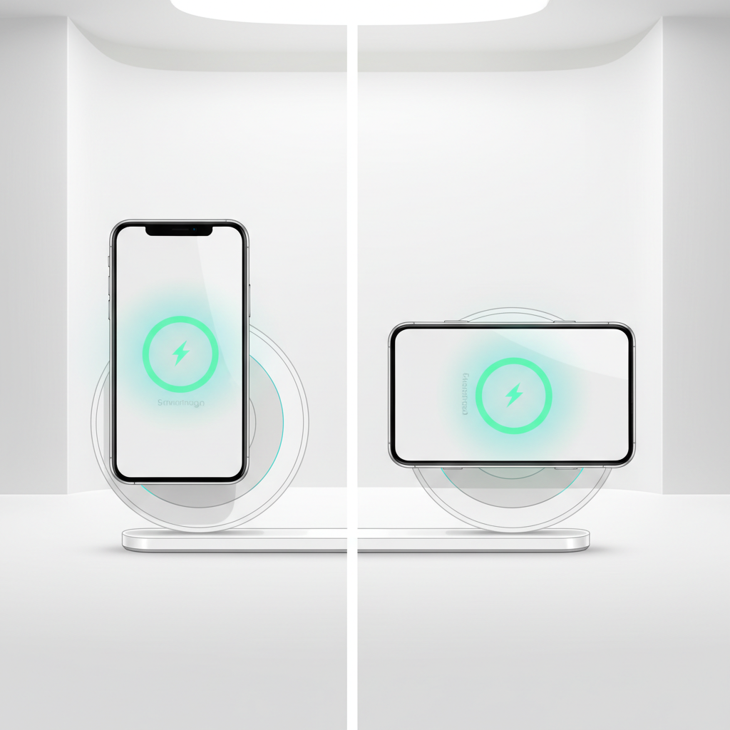 Wireless charger stand showing correct coil alignment with a smartphone in portrait and landscape