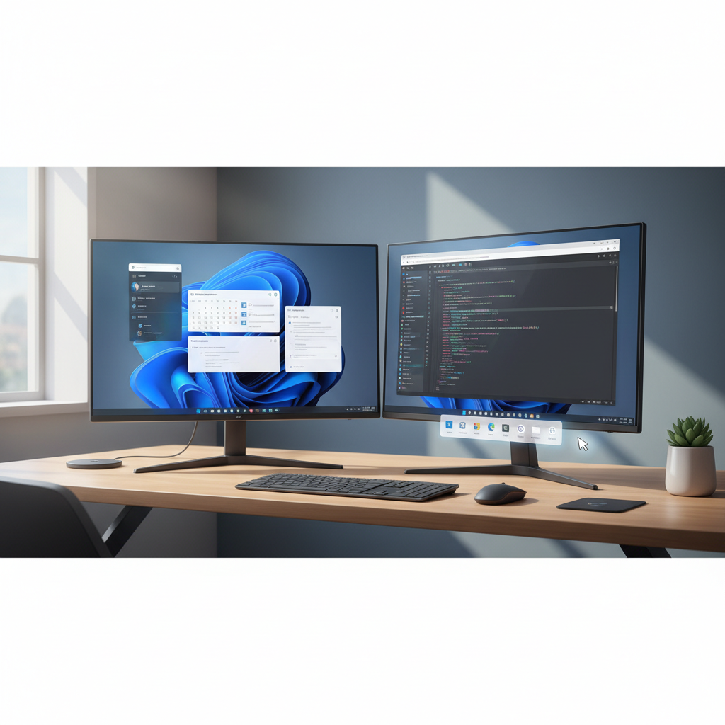 Windows 11 multi-monitor desktop with auto-hidden taskbar and cursor revealing it