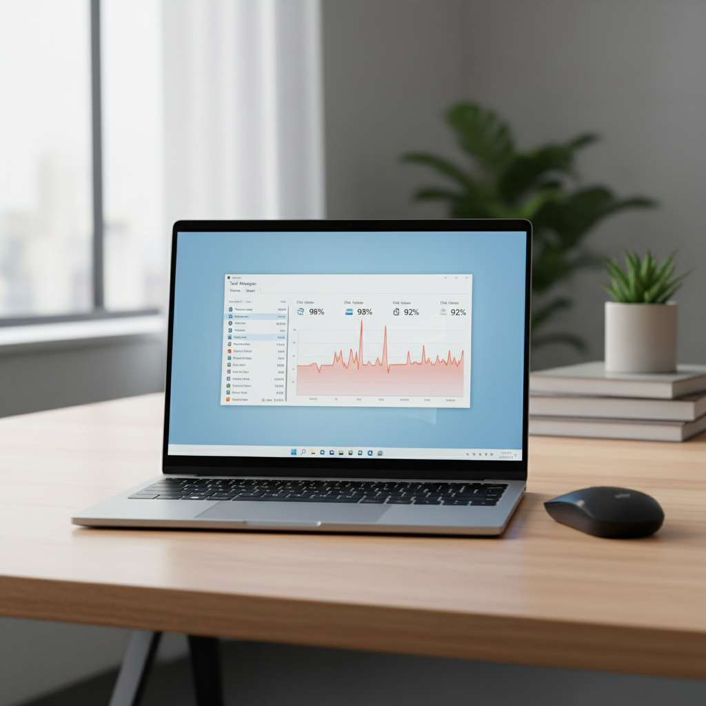 Windows 11 laptop showing slow performance and high resource usage in Task Manager