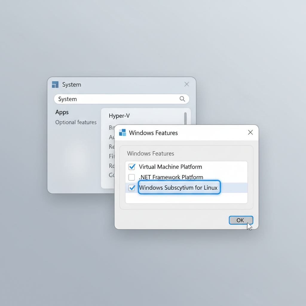 Windows 11 settings and Windows Features dialog for enabling WSL and Virtual Machine Platform