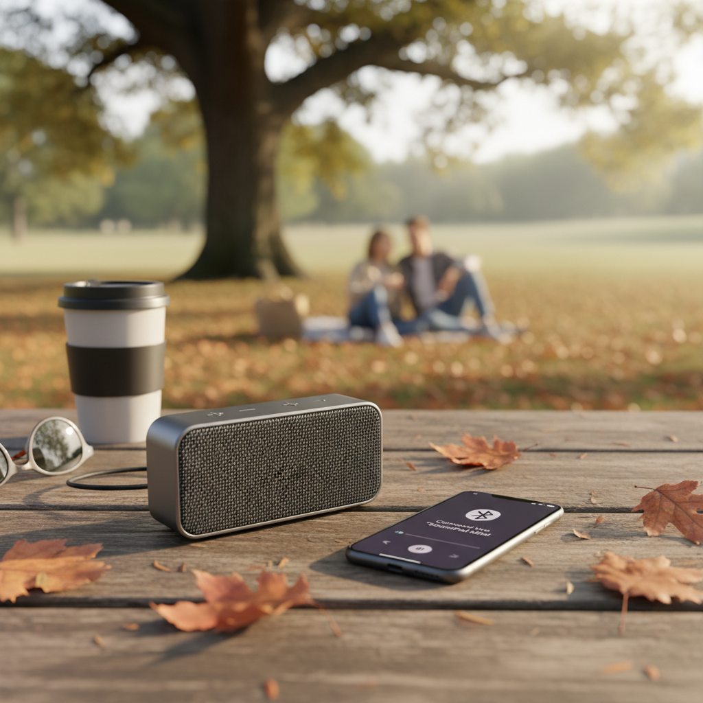 Portable speaker outdoor testing scenario with phone connection and volume controls