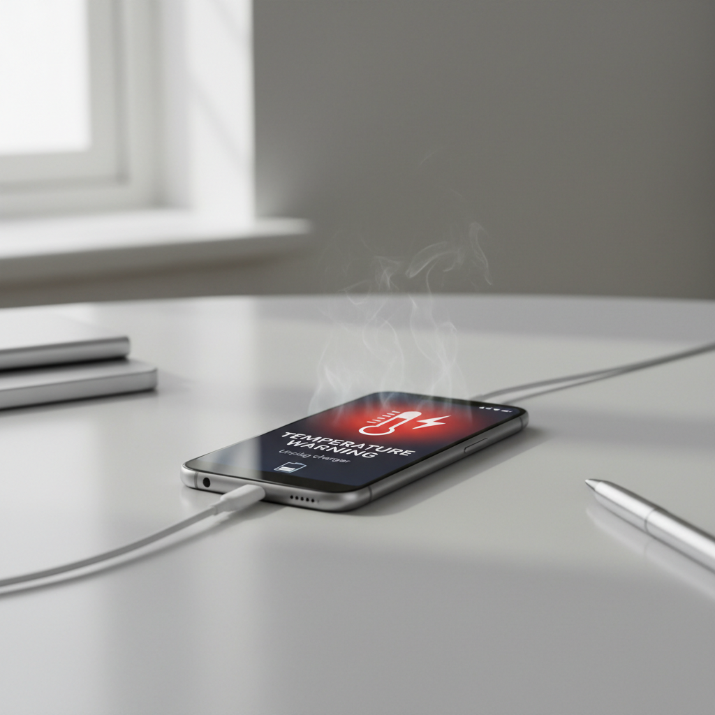 Android phone showing temperature warning while charging on a desk