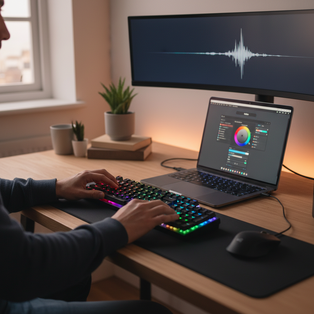 Hands customizing RGB lighting on a mechanical keyboard using software on a laptop