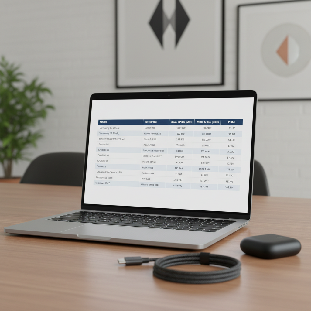 Comparison table concept for choosing a budget external SSD hard drive