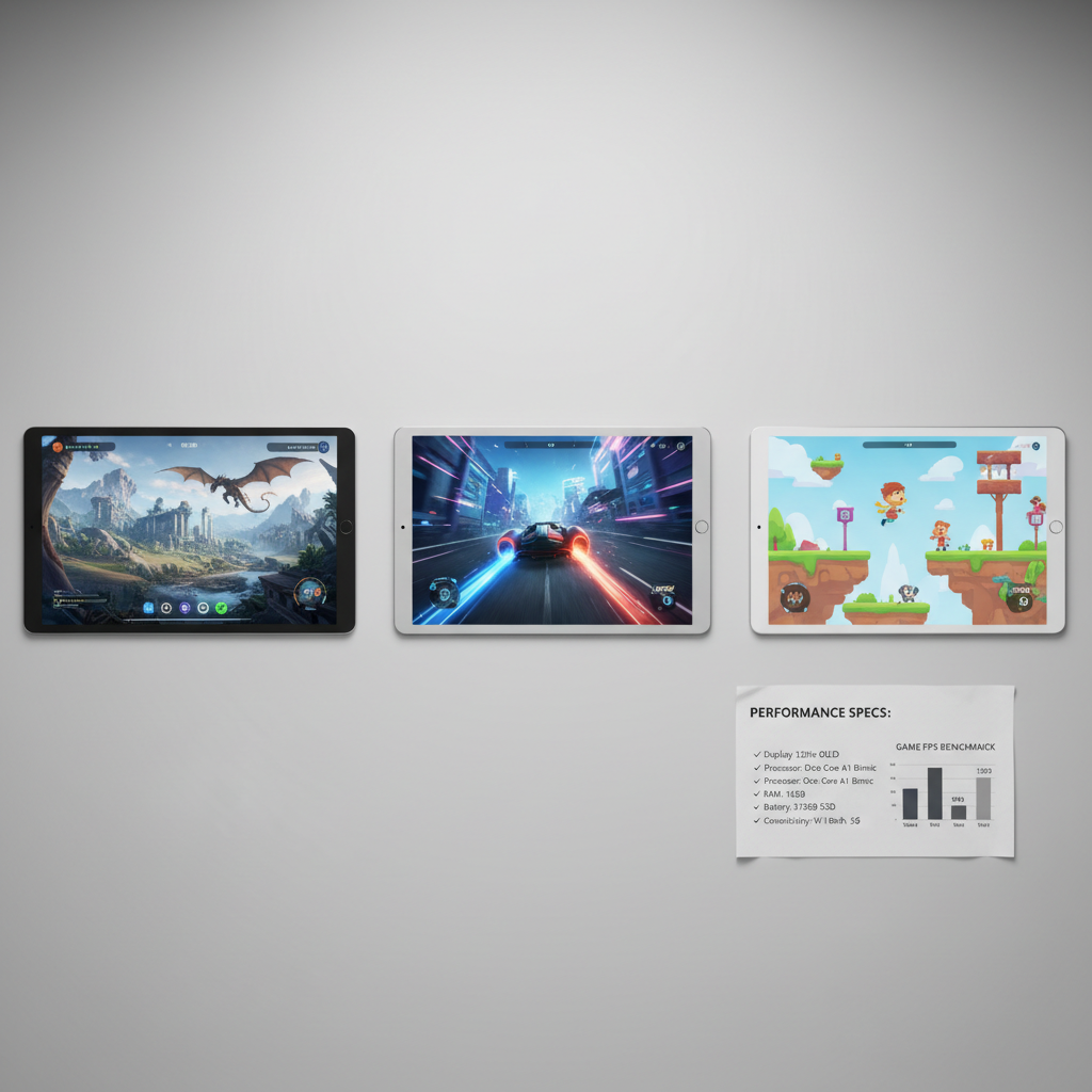 Side-by-side comparison of tablets showing gaming performance and specs checklist