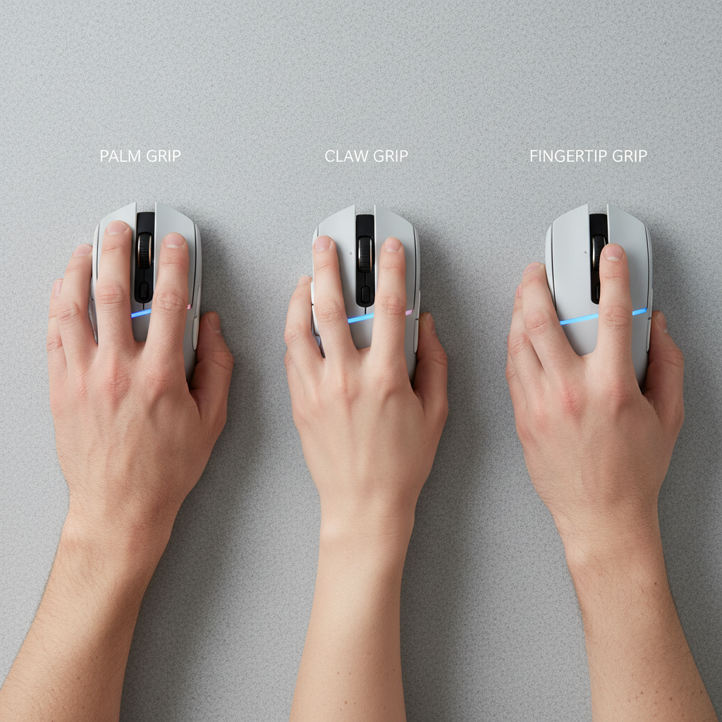 Gaming mouse grip styles palm claw fingertip illustrated on a mousepad