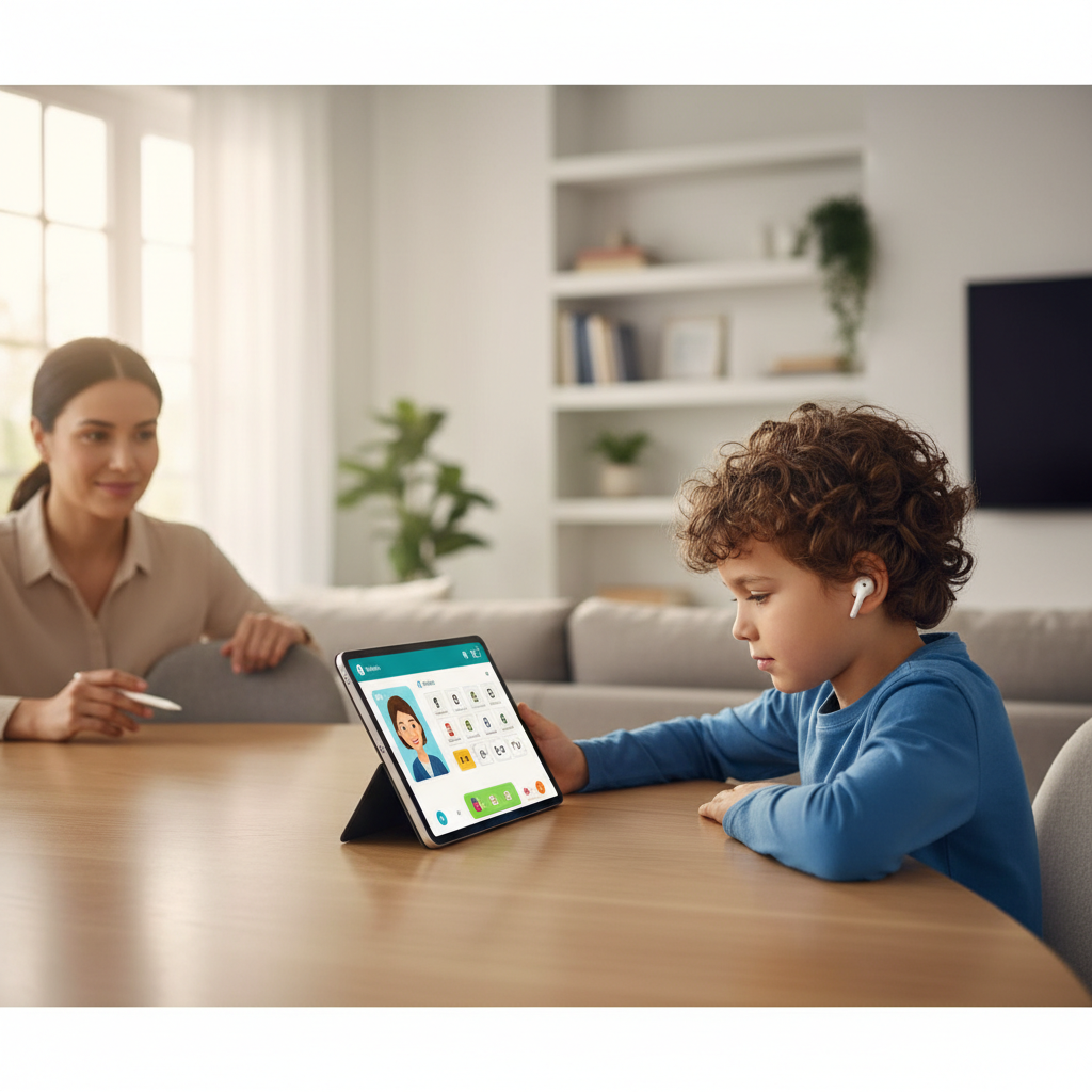 Kids using earbuds for school on a tablet at home