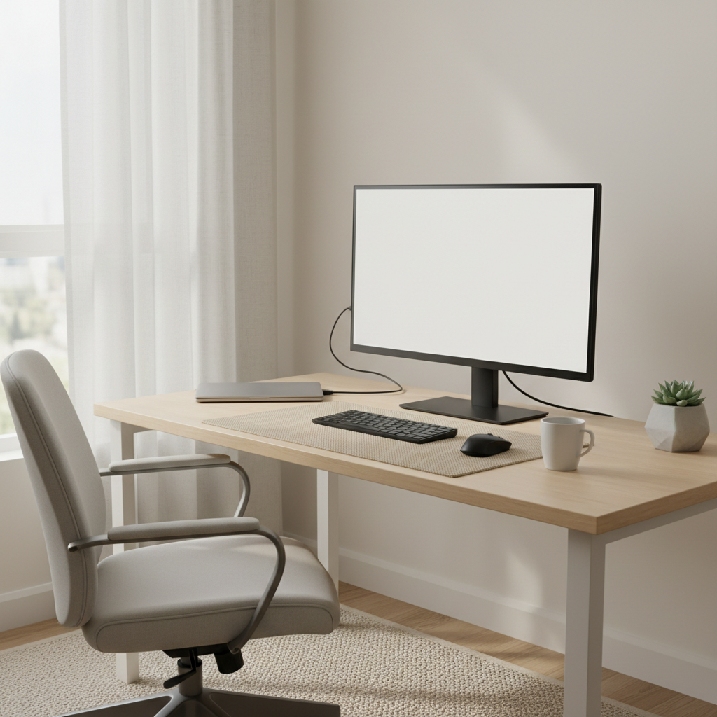 Affordable home office monitor setup with laptop and simple desk
