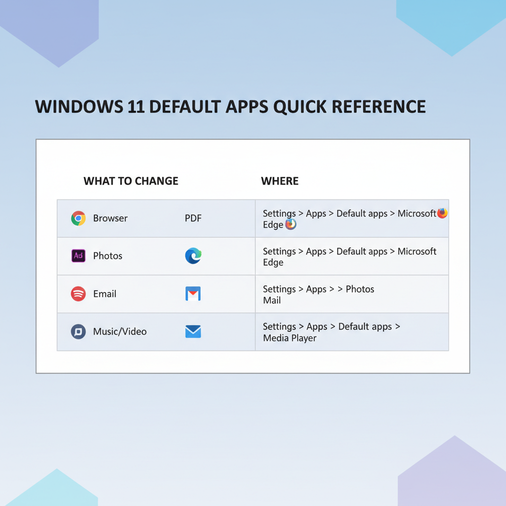 Quick reference table for changing default apps on Windows 11