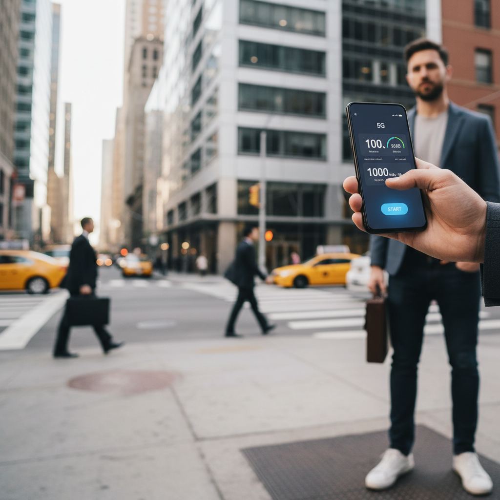 Person testing mobile data speed on a 5G Android phone in an urban US setting