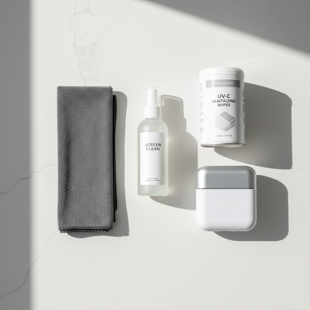 Different phone cleaning products on a counter: wipes, spray, microfiber cloth, UV box