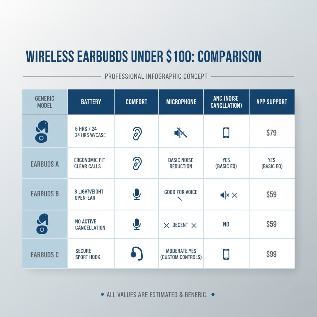 Comparison table concept for best wireless earbuds under $100 with key features