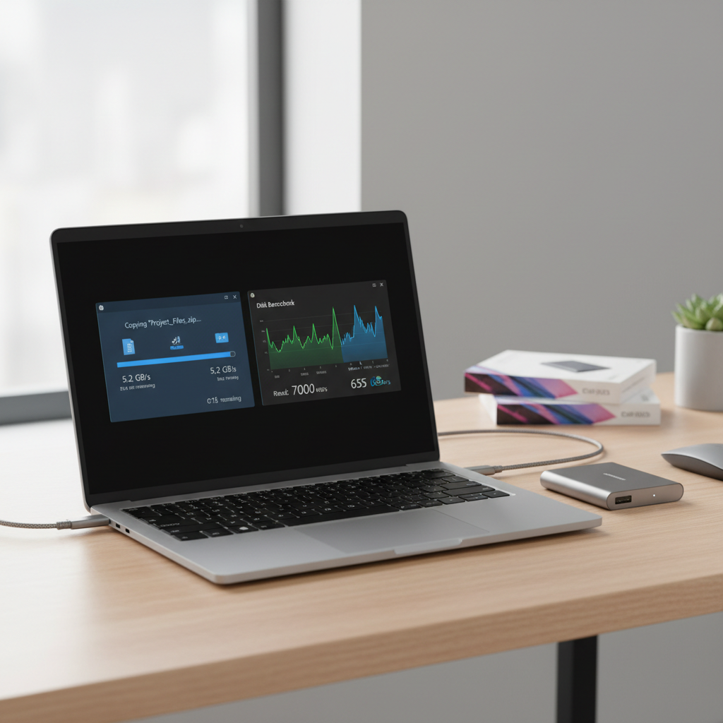 Testing sustained transfer speed of a budget external SSD on a Windows laptop