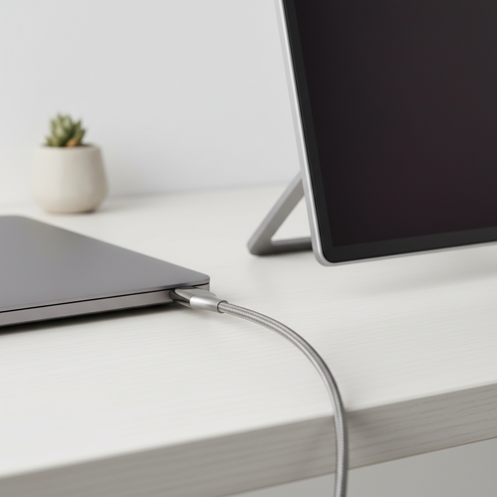Close-up of USB-C cable connecting a laptop to a portable monitor