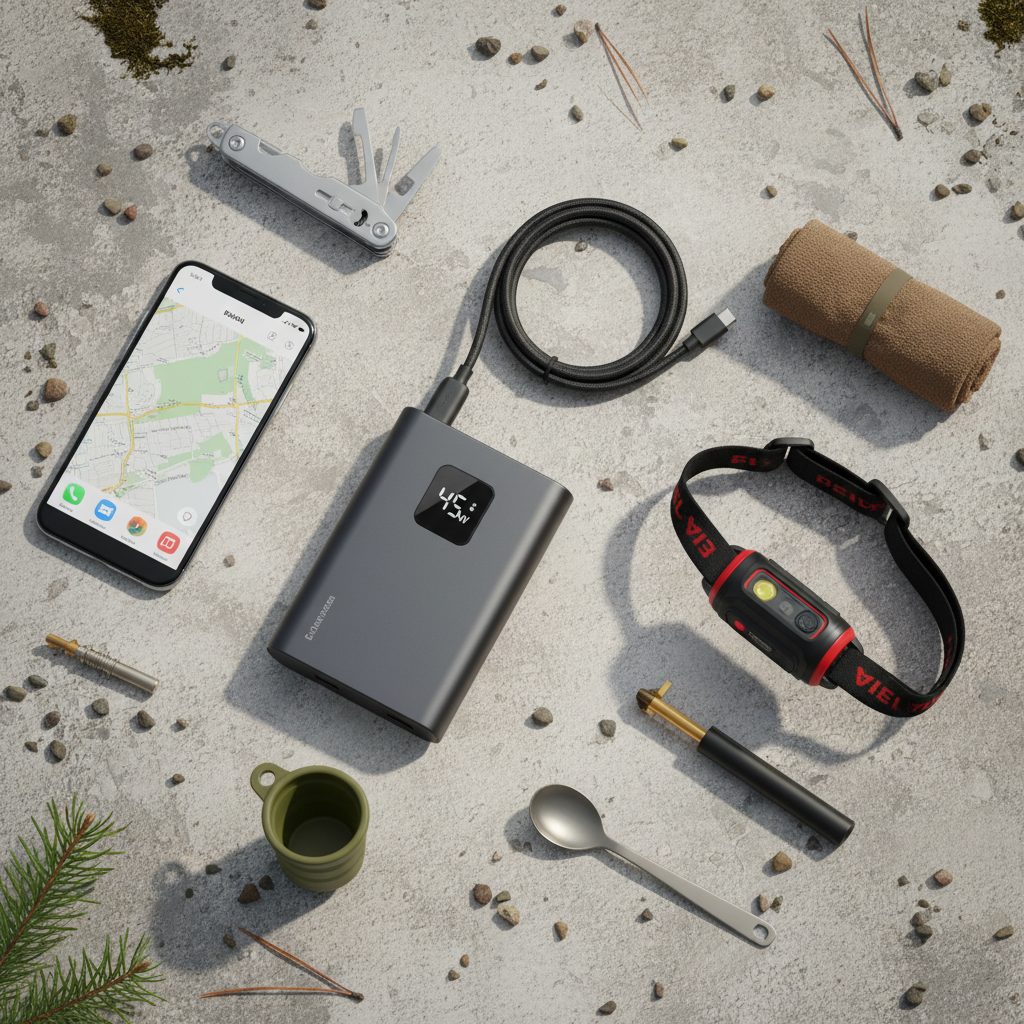 USB-C power delivery power bank with watt display next to camping gear