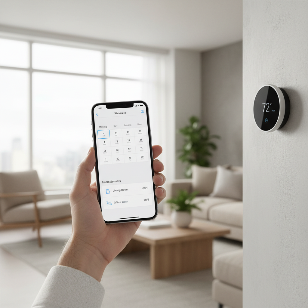Homeowner using a thermostat app to set schedules and room sensor comfort settings