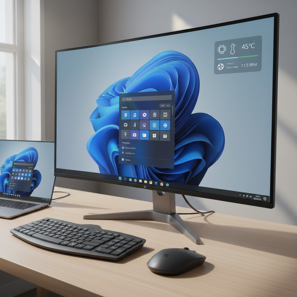 Windows 11 desktop with hardware monitoring overlay showing CPU temperature