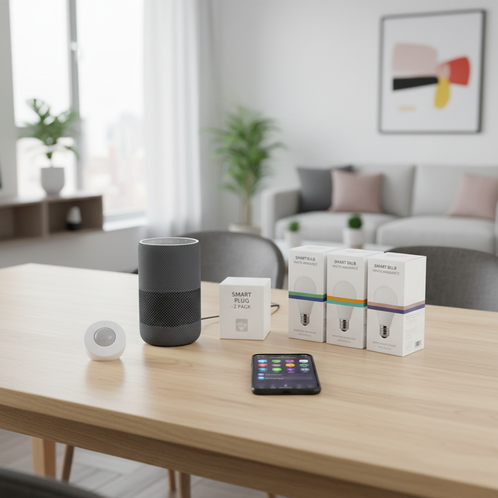 Budget smart home starter kit items laid out on a table