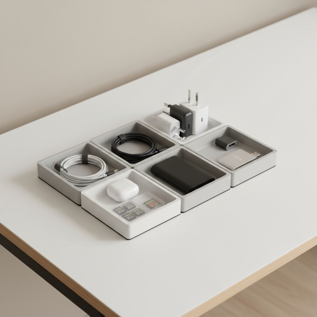 Modular desk organizer trays holding chargers, cables, and small tech accessories