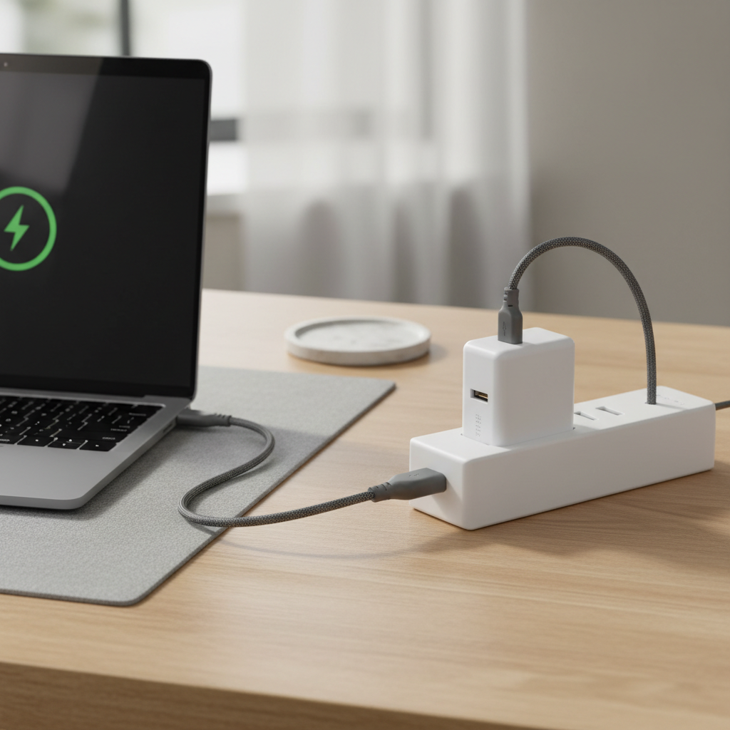 USB-C PD charger and laptop showing 65W fast charging setup