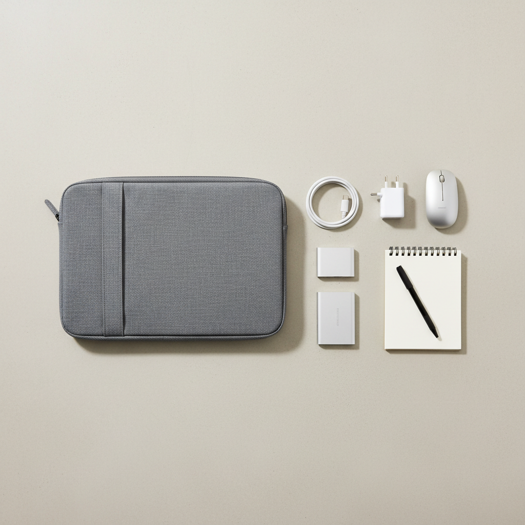 Budget laptop folio case with accessories laid out neatly