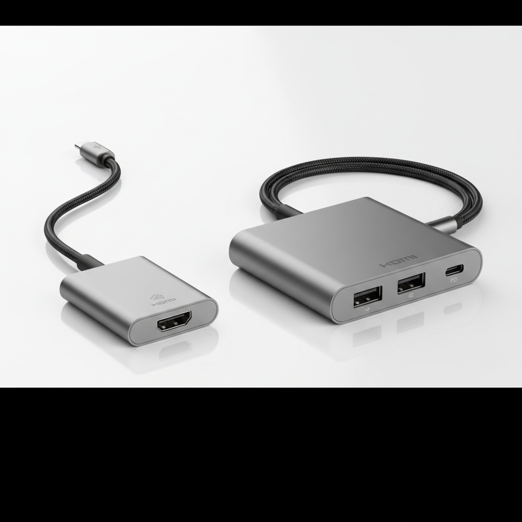 Side-by-side view of compact USB-C to HDMI adapter and multiport USB-C hub with HDMI and power delivery