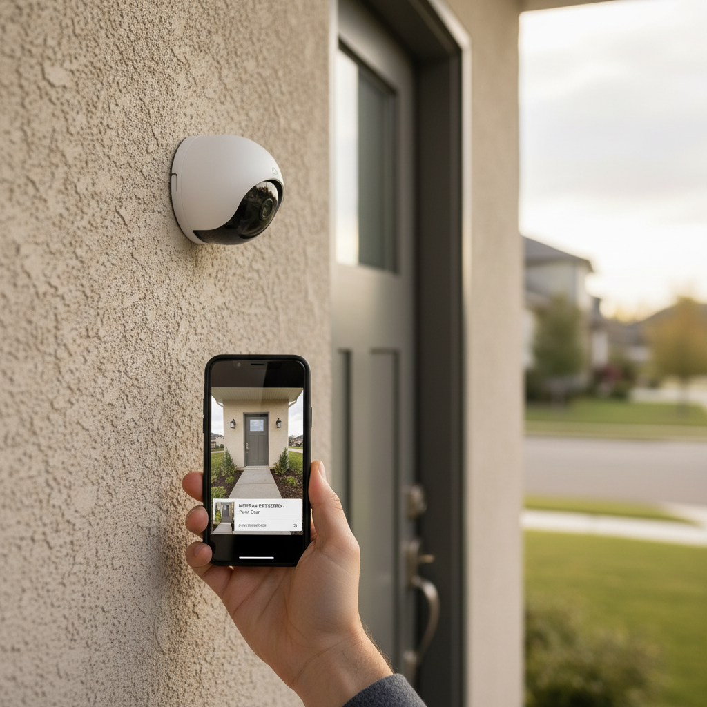 Budget home security camera mounted near a front door with smartphone app alerts