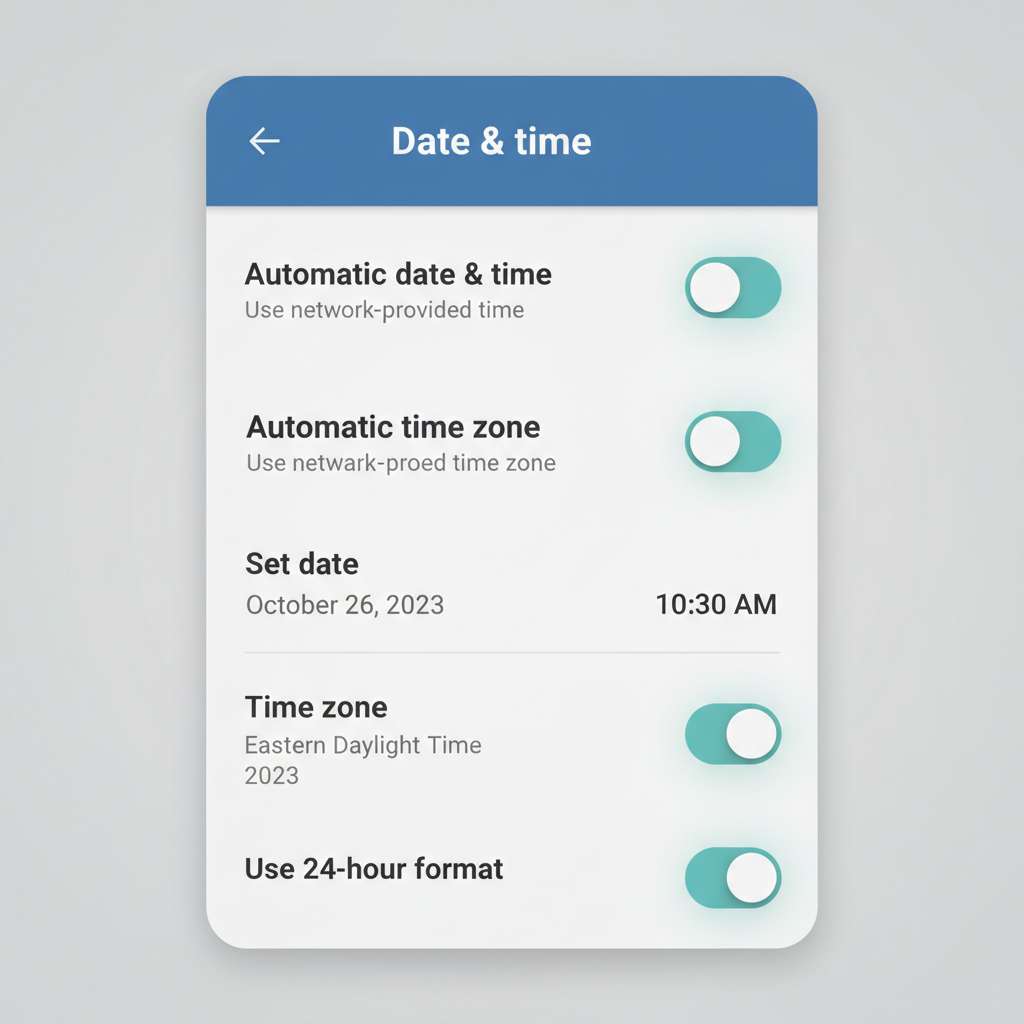 Android Settings screen highlighting Date and Time automatic settings