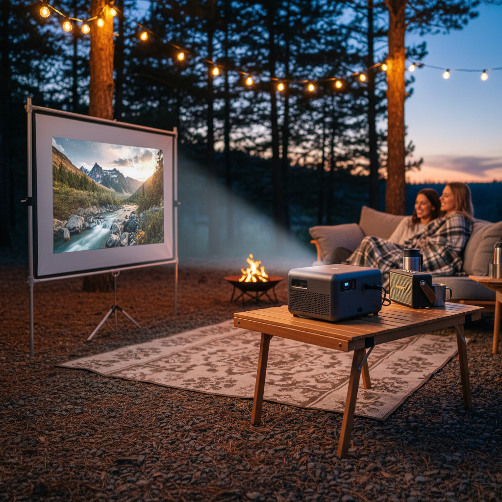 Outdoor travel projector movie night with portable screen and compact speaker
