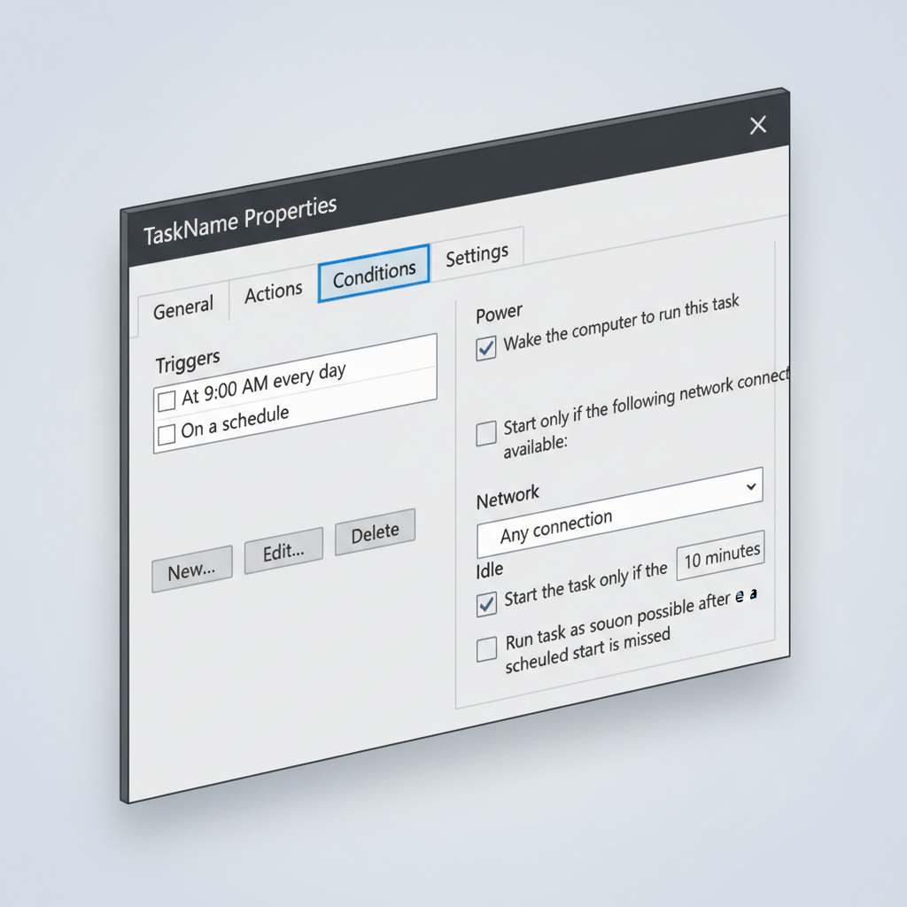 Task Scheduler settings in Windows 11 showing triggers and conditions for scheduled shutdown