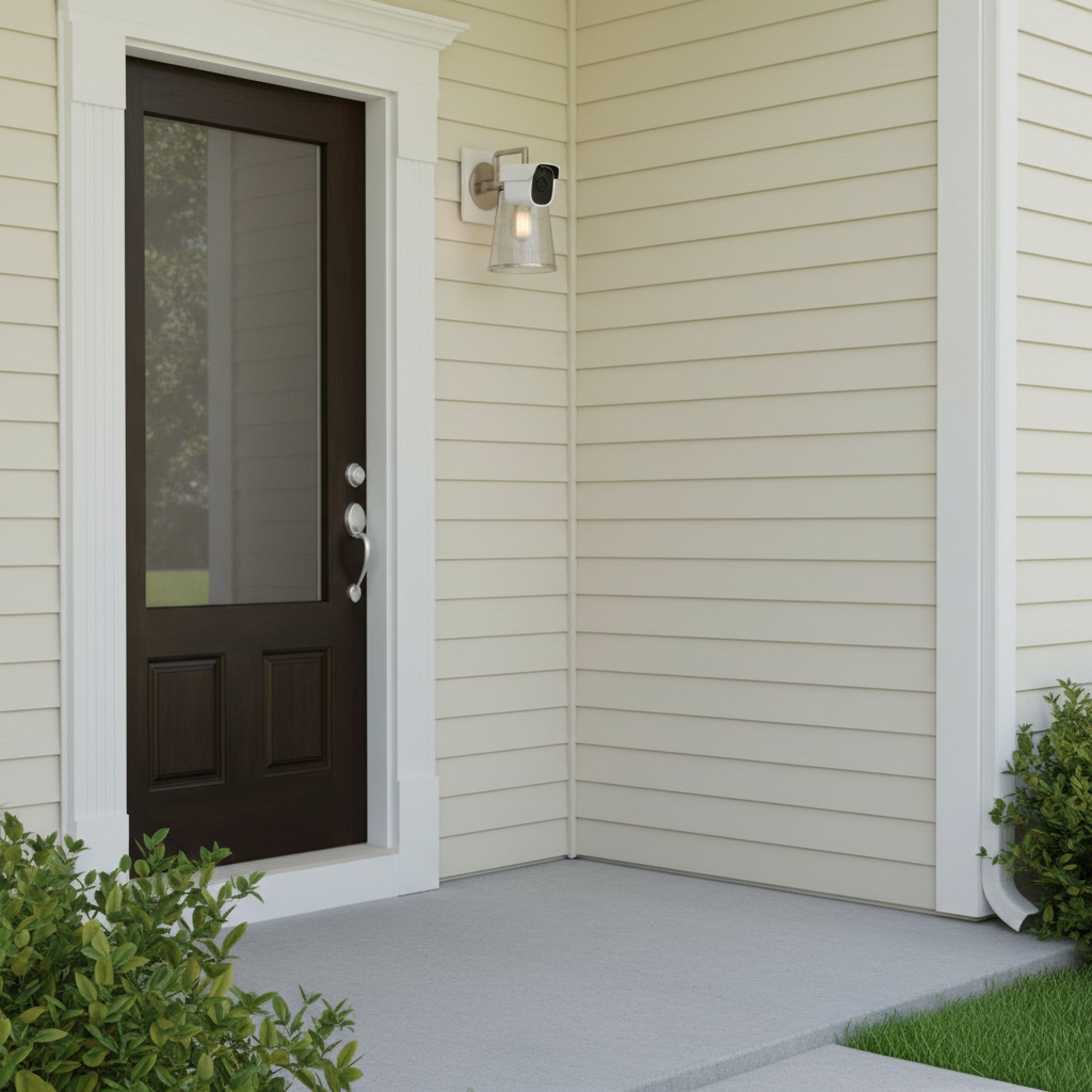 Budget outdoor security camera installed on a home exterior near a front door
