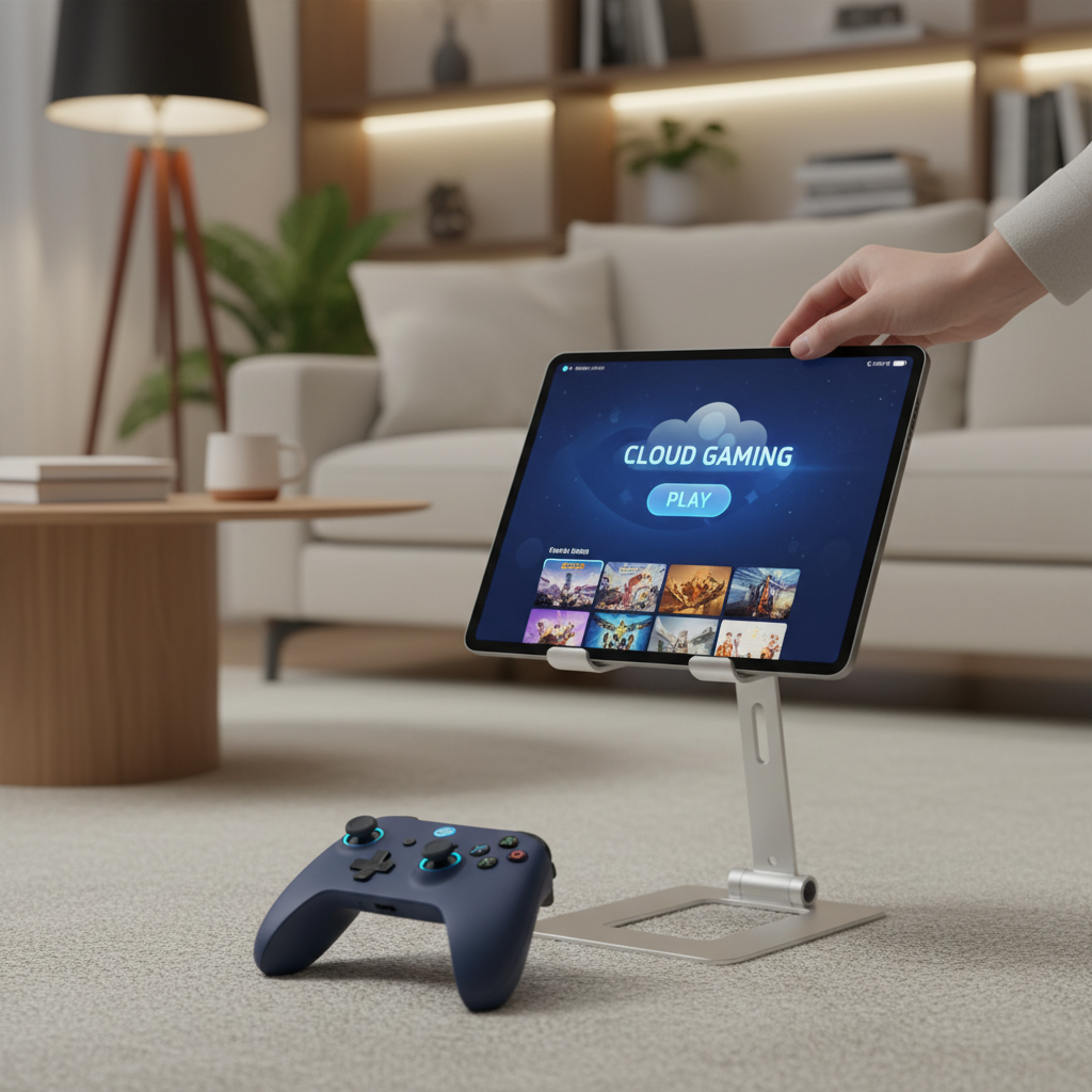 Hand holding a tablet with a Bluetooth controller set up for cloud gaming at home