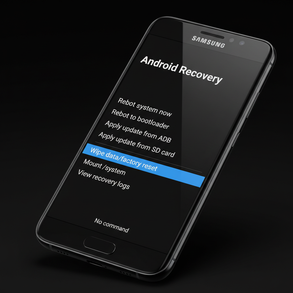 Samsung Recovery Mode menu showing wipe data factory reset option