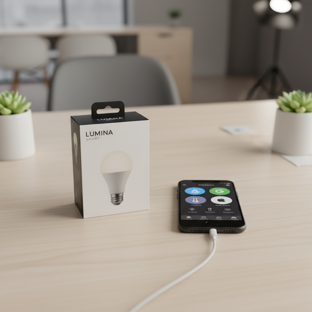 Smart home ecosystem icons with smart bulb packaging on a desk